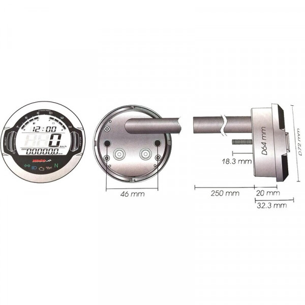 KOSO D64 DL-03S (Black) Speedometer + Tachometer +Indicator Lights (Display LCD)